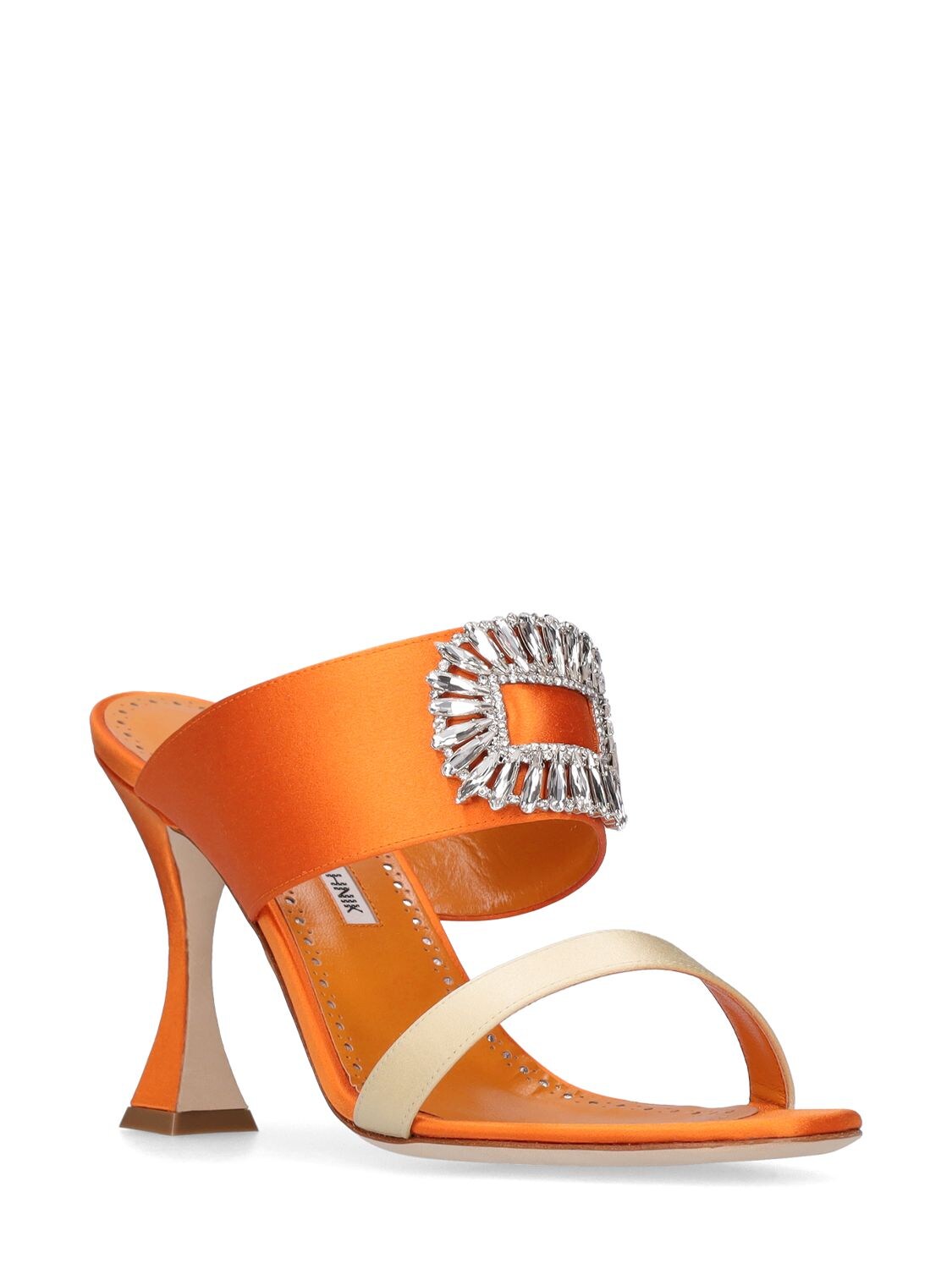 Shop Manolo Blahnik 90mm Laali Embellished Satin Mules In Nude,orange