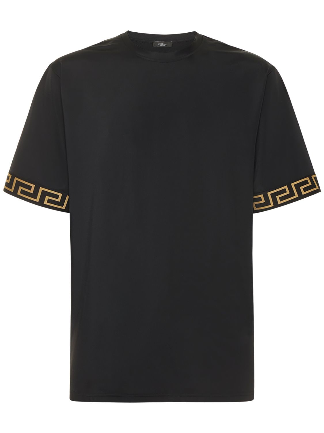 Versace Greca & Logo Stretch Tech T-shirt In Black,gold