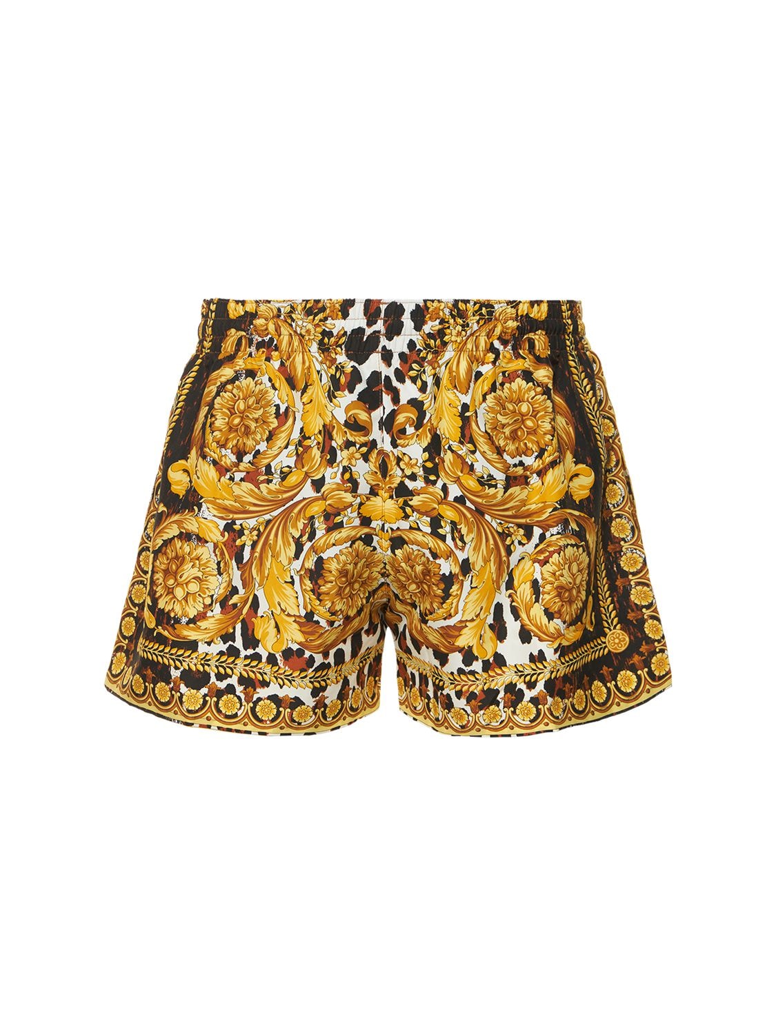 Shop Versace Barocco Print Tech Swim Shorts In Gold,black