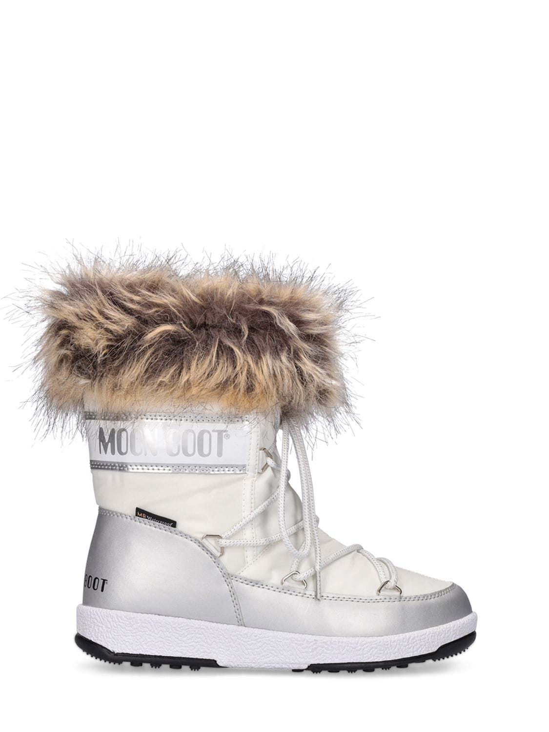 Moon Boot Kids' Nylon Ankle Snow Boots W/ Faux Fur In White,silver