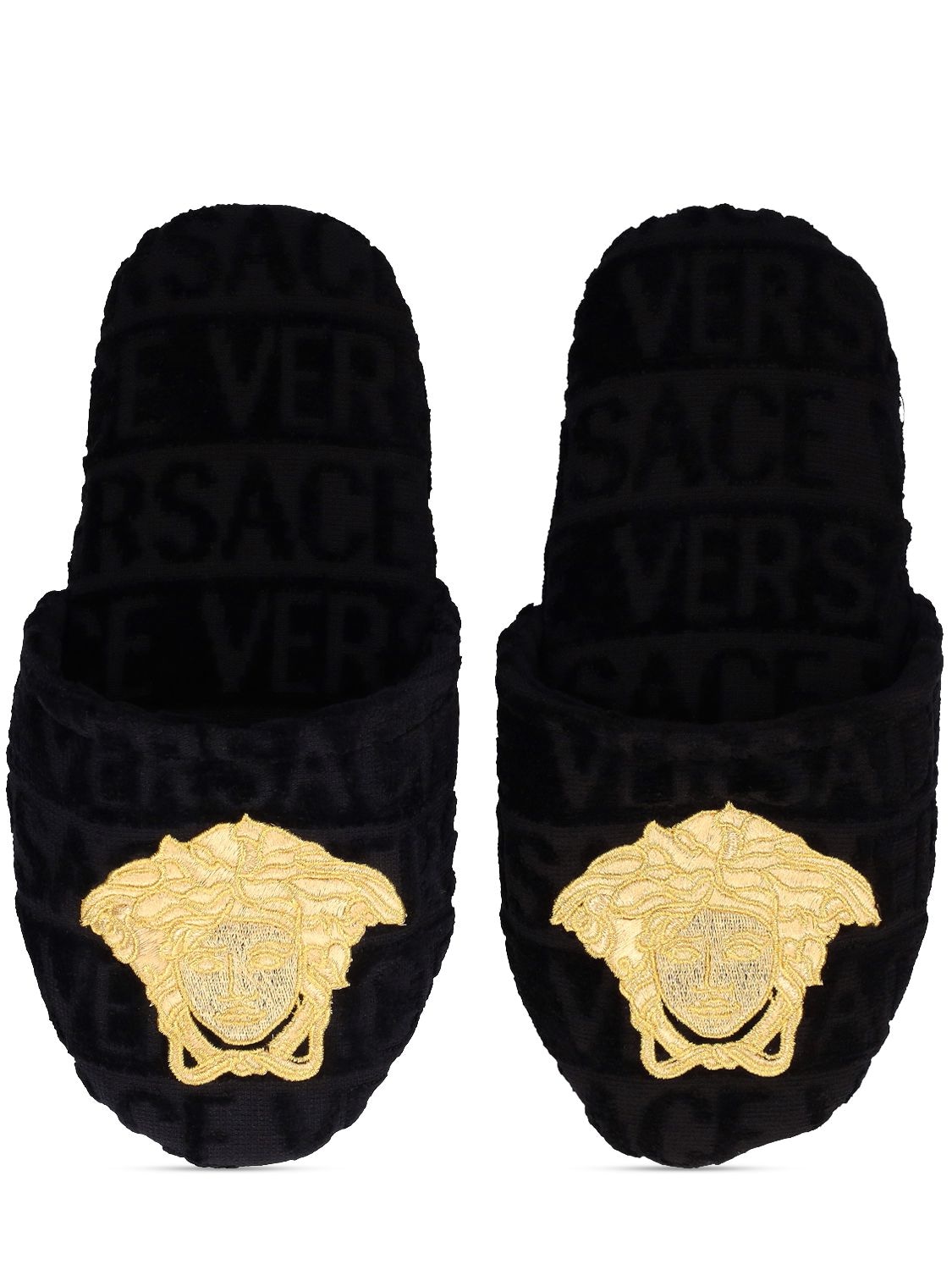Shop Versace Medusa Slippers In Black,gold