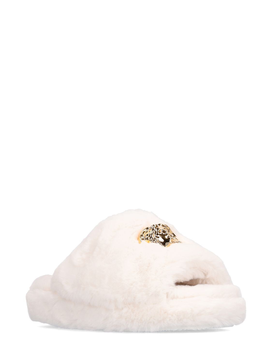 Shop Versace Faux Fur Slippers In White