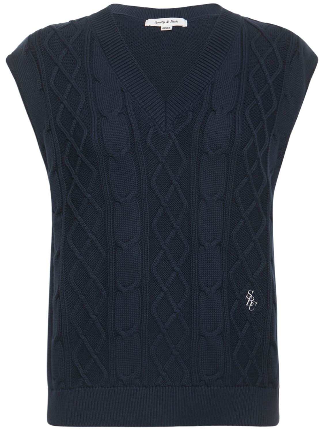 Sporty And Rich Embroidered Cable-knit Cotton Vest In Navy
