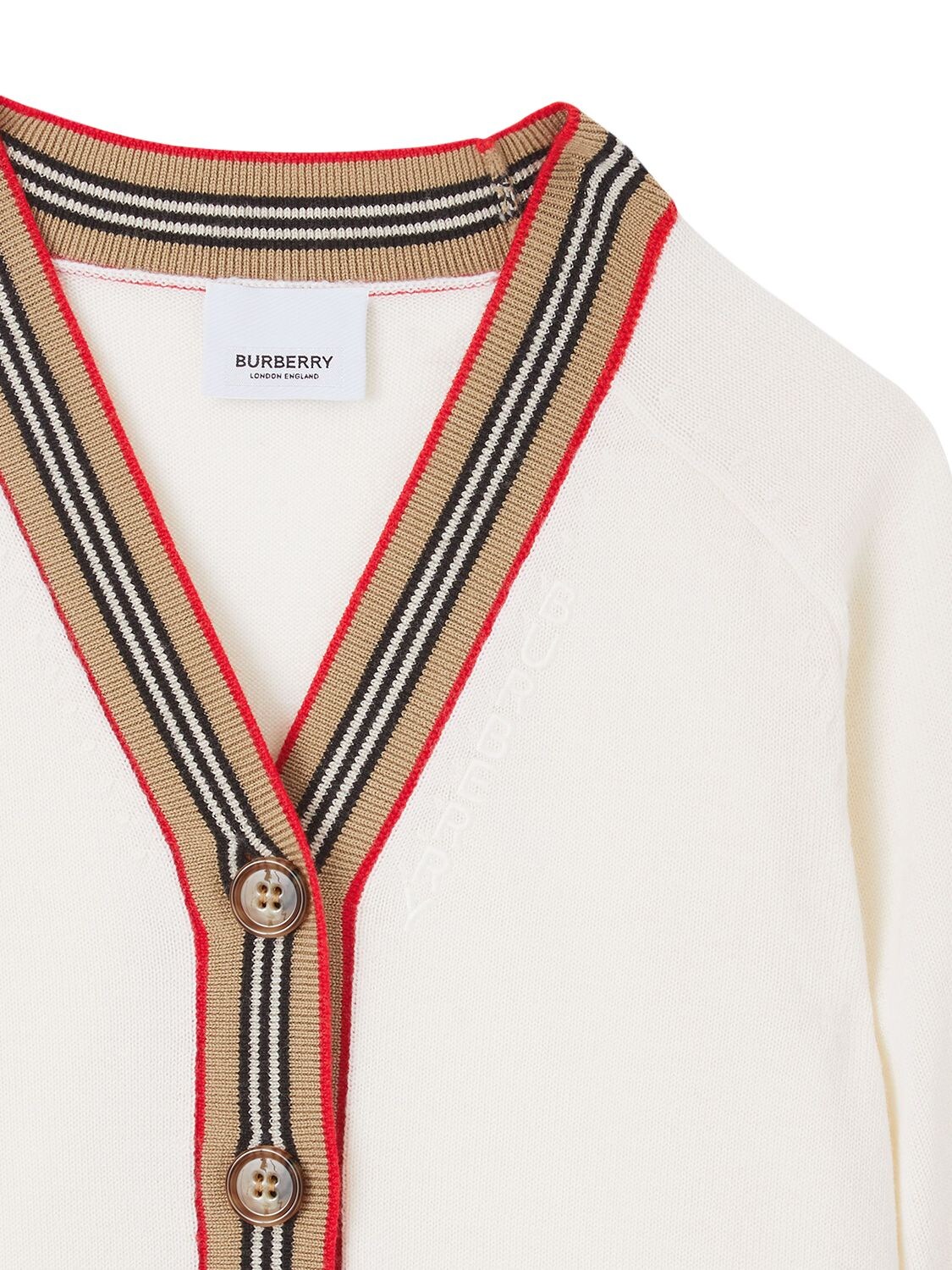 Shop Burberry Icon Stripe Intarsia Wool Knit Cardigan In Off White