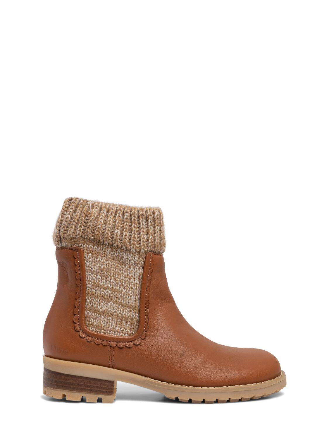 Chloé Kids' Knit Leather Ankle Boots In Brown