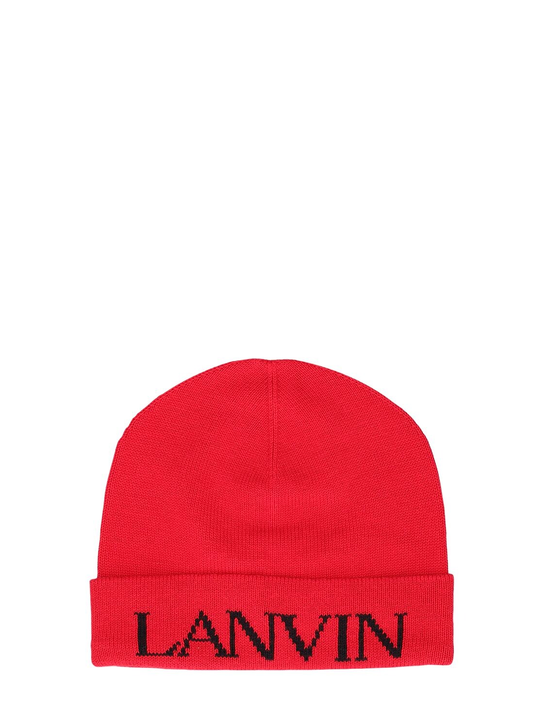 Lanvin Kids' Cotton & Wool Knit Beanie W/ Logo In Red