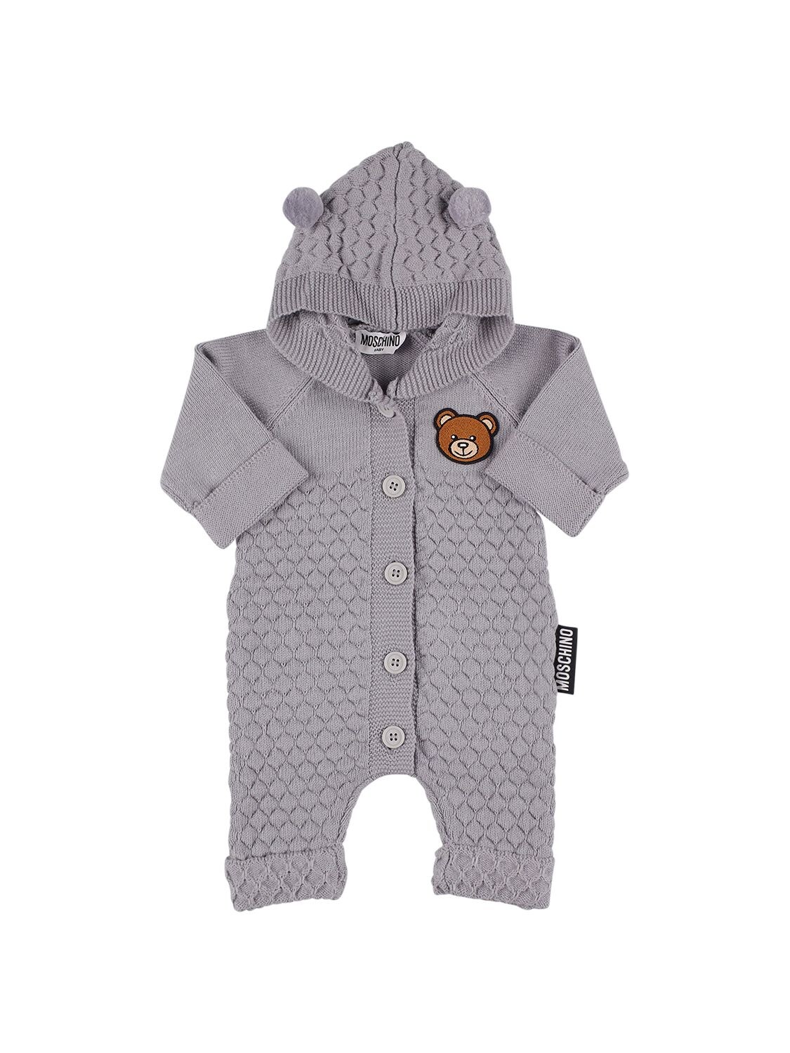 Moschino Babies' Cotton & Wool Blend Knit Romper W/ Patch In Grey