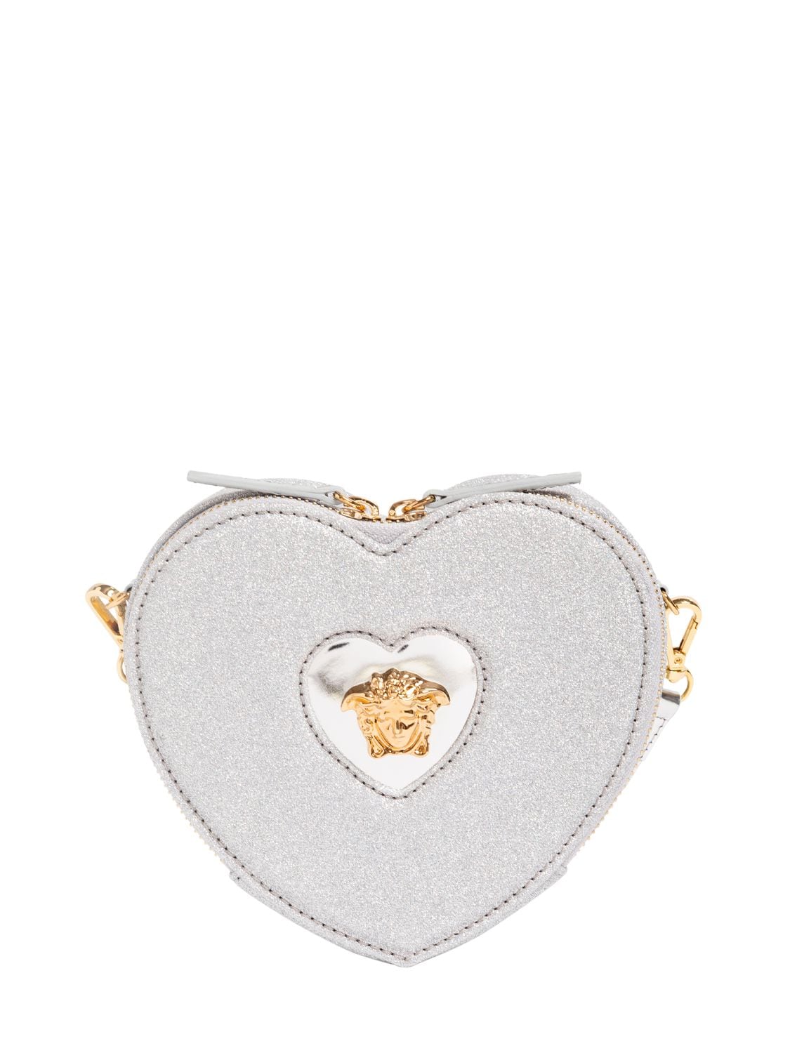 Versace Kids' Glittered Heart Shoulder Bag W/ Medusa In Silver