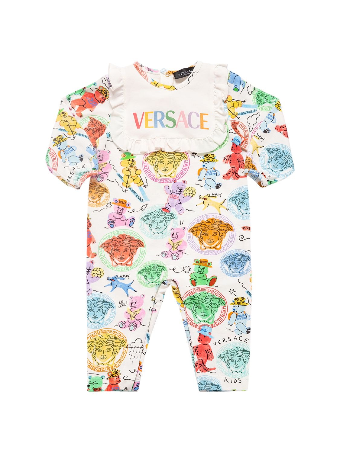 Versace Babies' Printed Cotton Jersey Romper W/ Bib In Multicolor