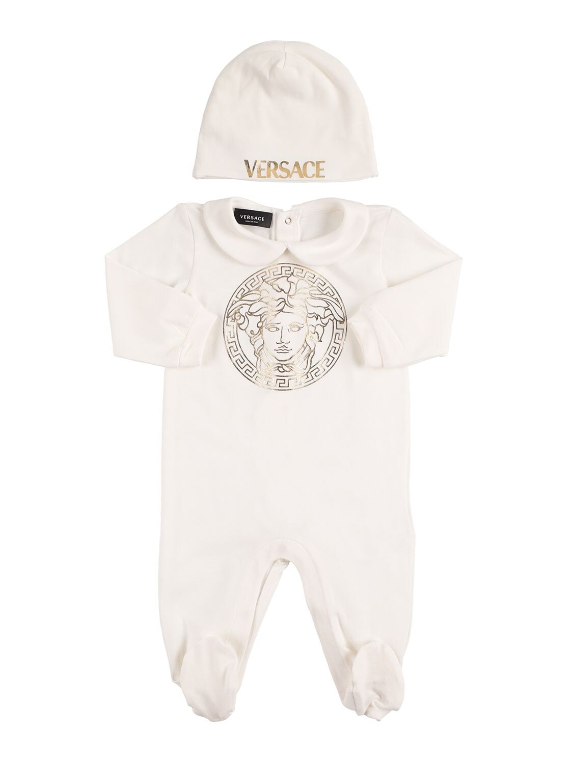 Versace Babies' Printed Cotton Jersey Romper & Hat In White