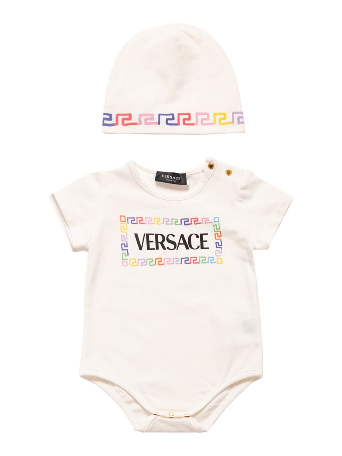 Versace Babies' Printed Cotton Jersey Bodysuit & Hat In White