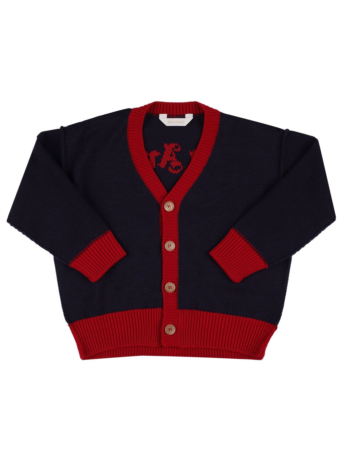 Palm Angels Kids' Intarsia Logo Wool Knit Cardigan In Navy