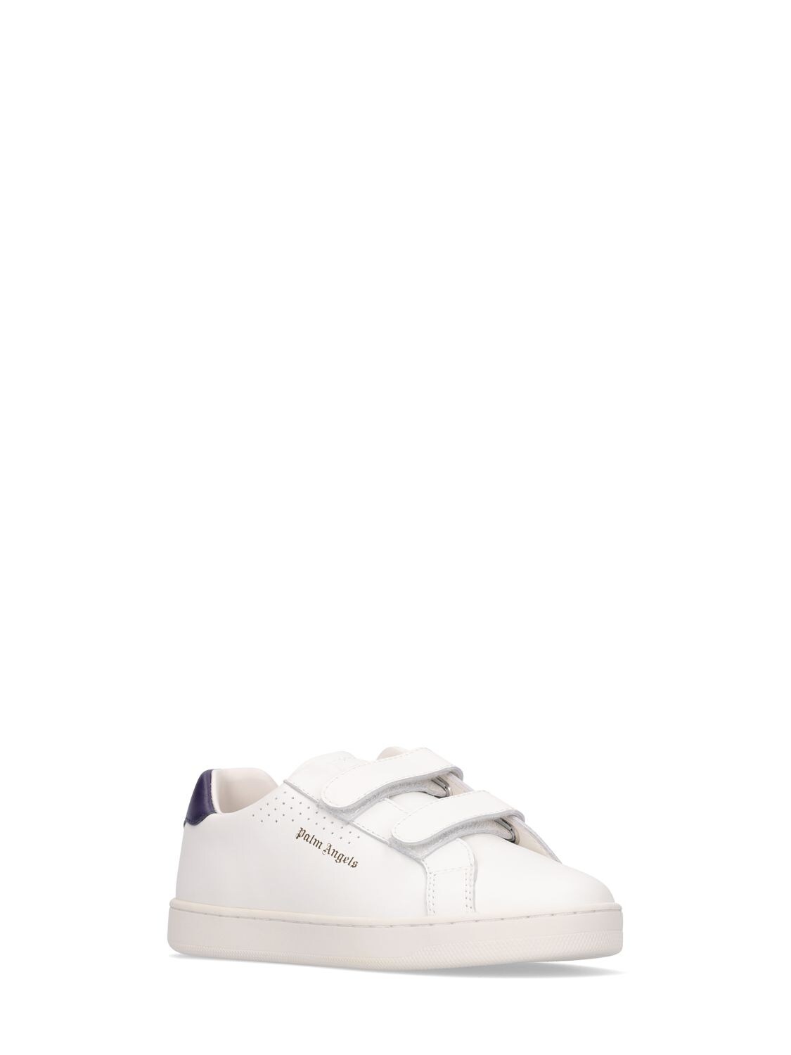 Shop Palm Angels Logo Leather Strap Sneakers In White,navy