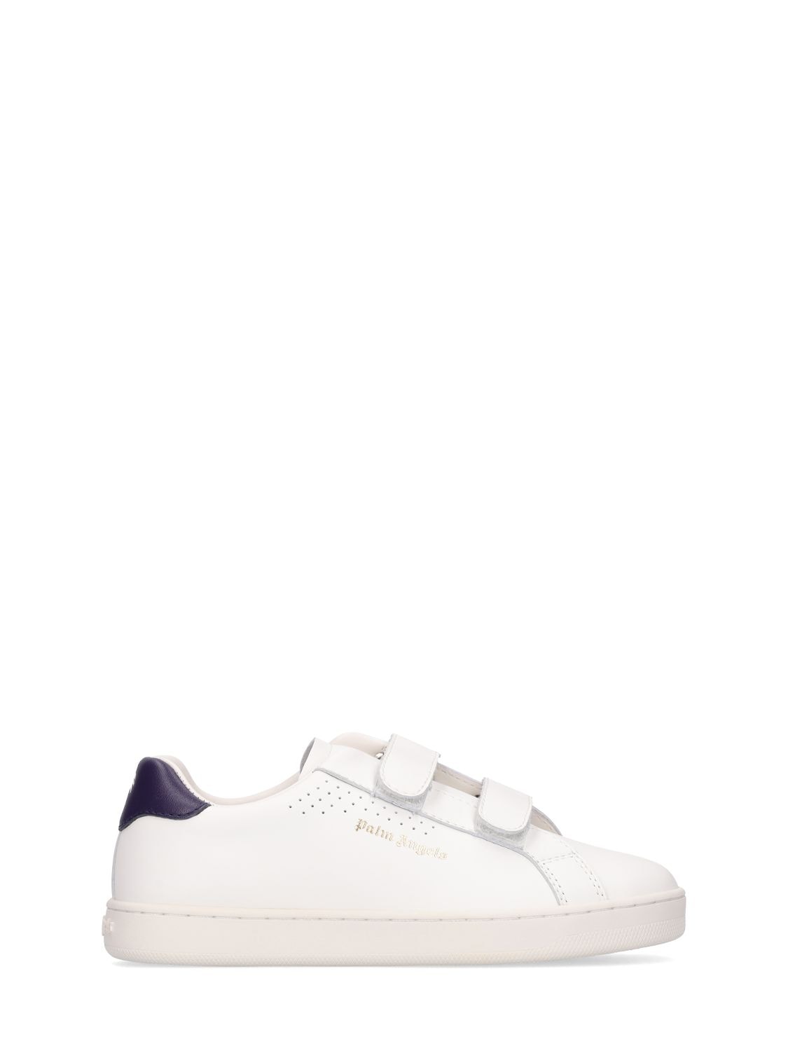 Shop Palm Angels Logo Leather Strap Sneakers In White,navy