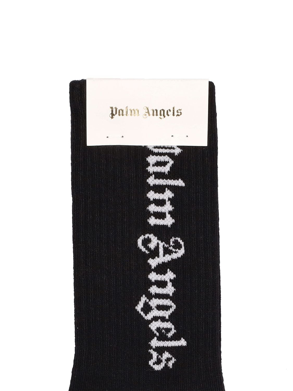 Shop Palm Angels Logo Jacquard Cotton Blend Knit Socks In Black