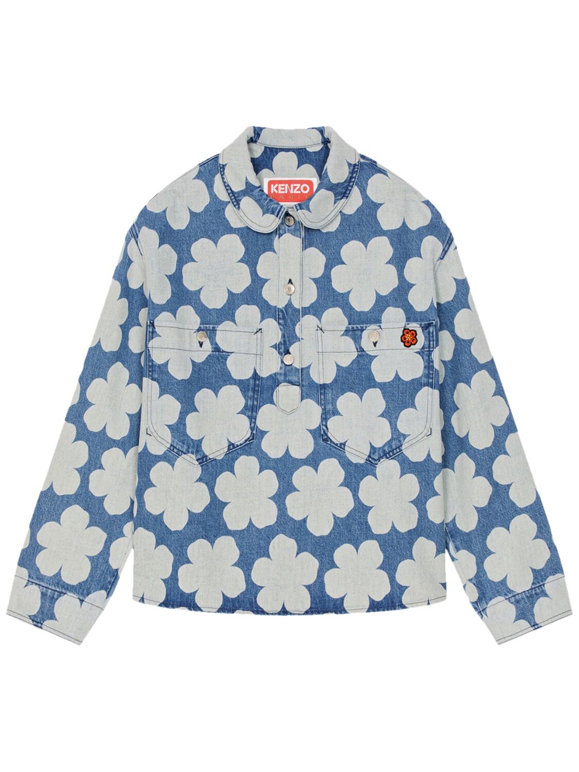 Printed Cotton Denim Polo Overshirt In Blue