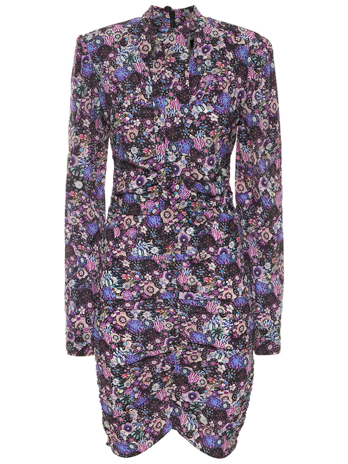 Isabel Marant Sandrine Tie-neck Ruched Floral-print Silk-blend Crepe Mini Dress In Violet,multi