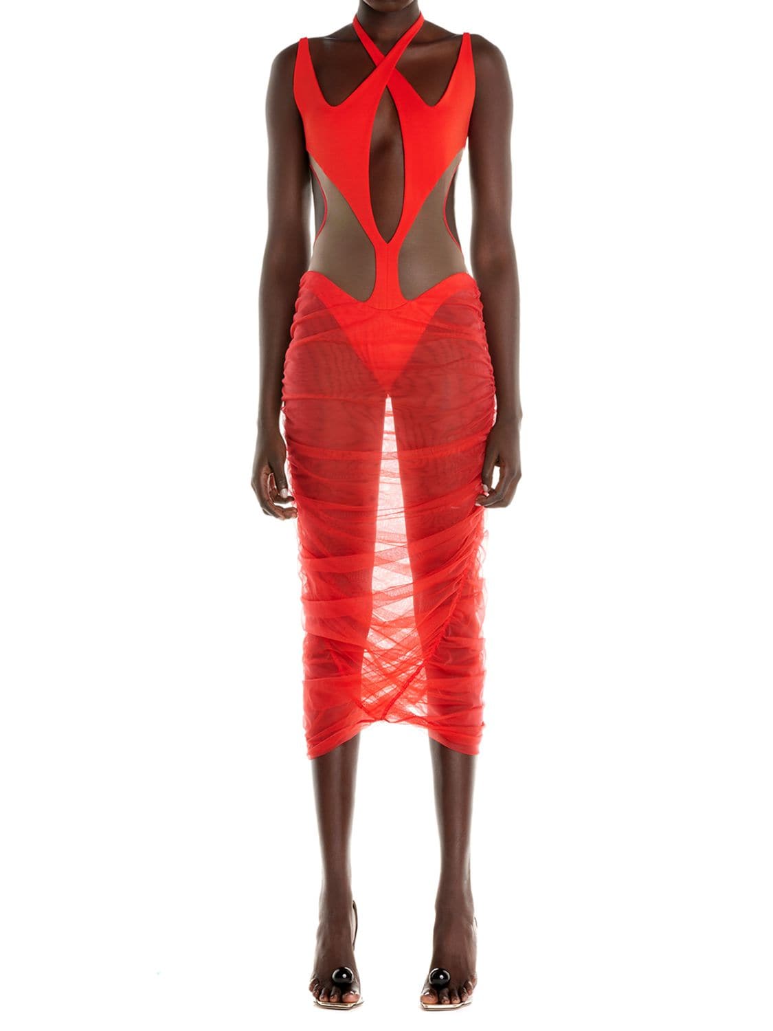 MUGLER CUTOUT TULLE MIDI DRESS 
