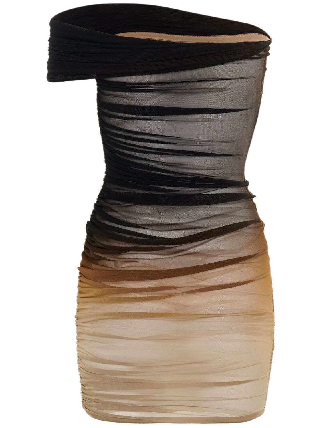 MUGLER RUCHED MESH OFF-SHOULDER MIDI DRESS 