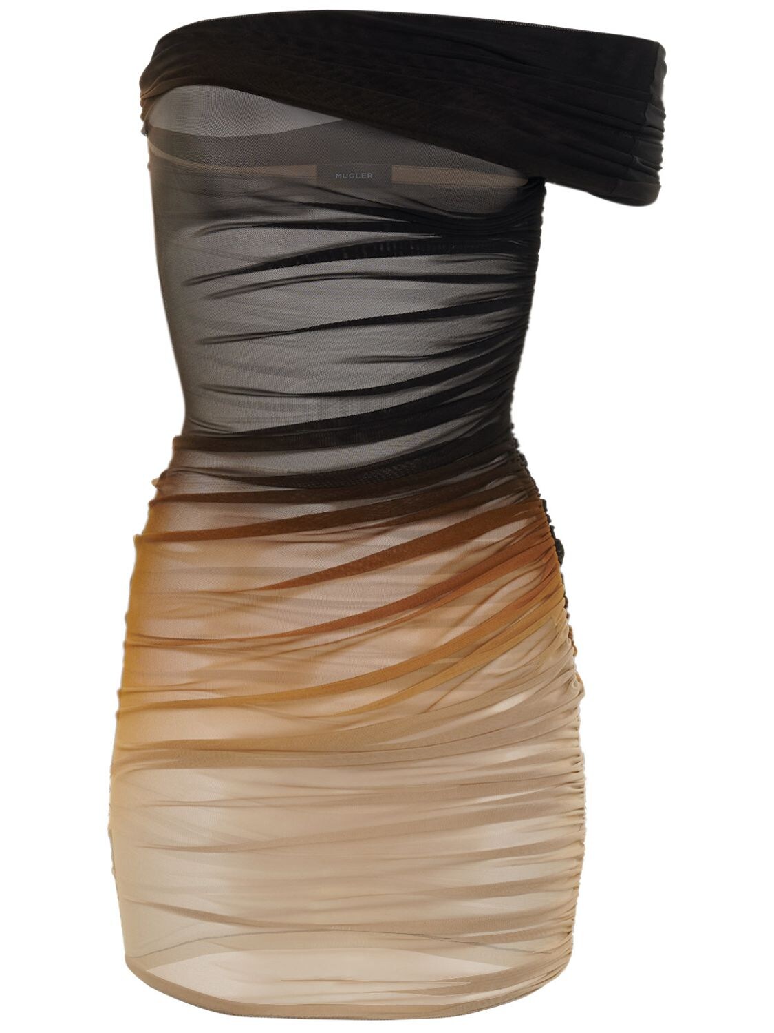 MUGLER RUCHED MESH OFF-SHOULDER MIDI DRESS 