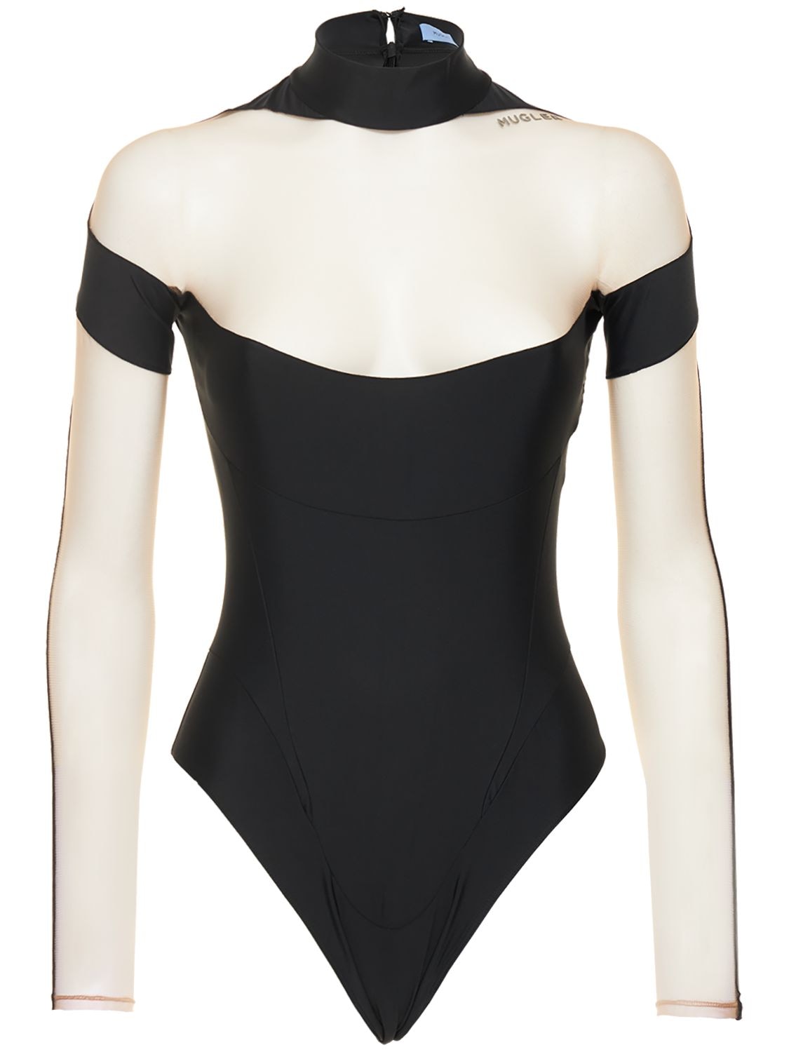 Mugler Sheer Tulle And Jersey Bodysuit In Blacknude Modesens 7993