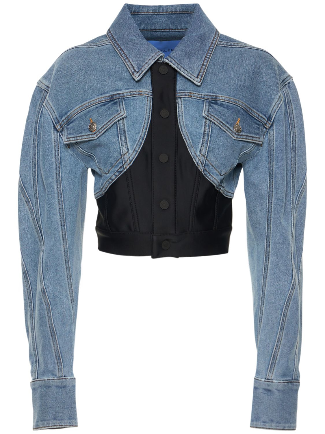 Mugler - Stretch denim & jersey jacket - Blue/Black | Luisaviaroma