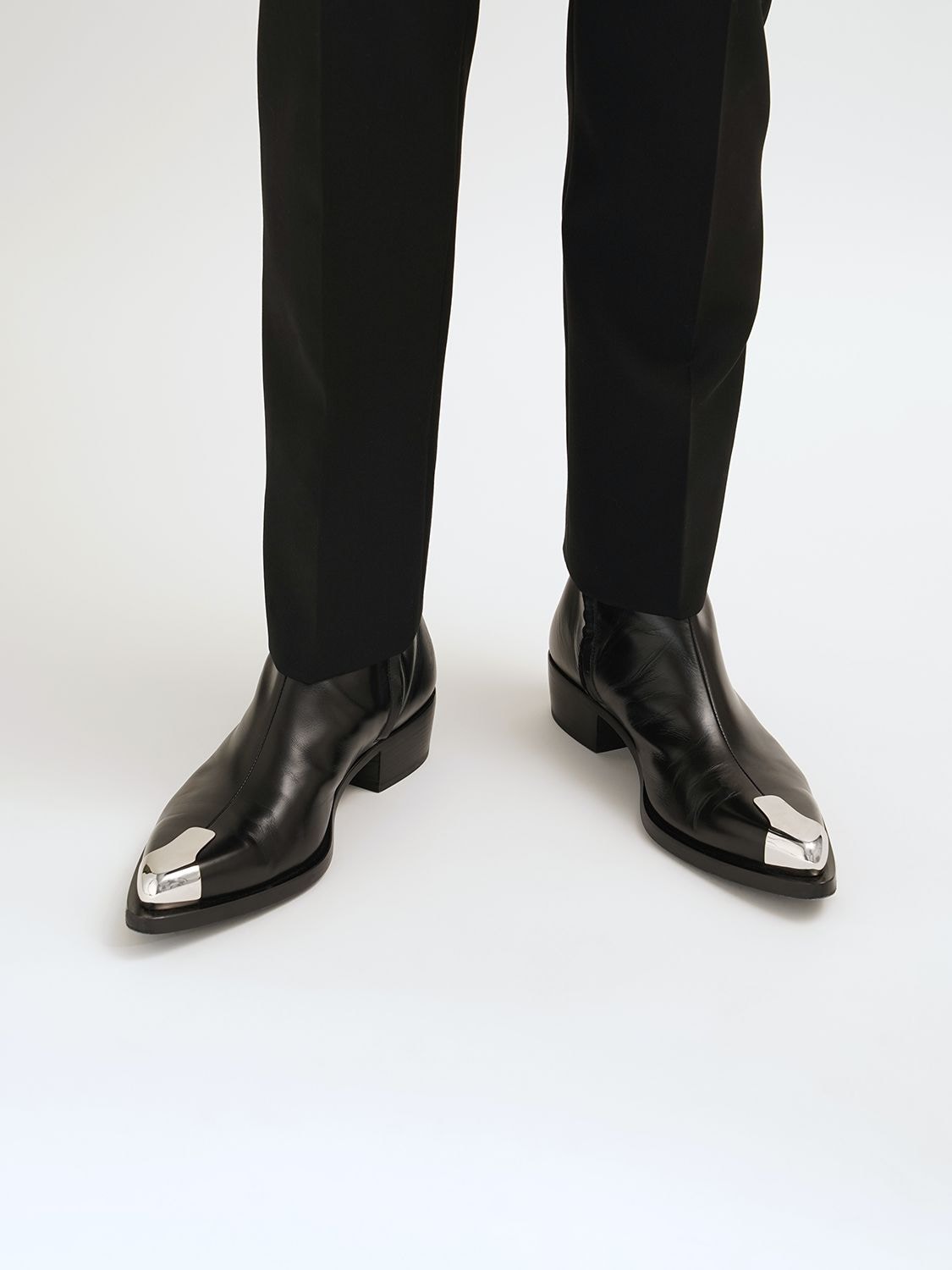 Shop Alexander Mcqueen Punk Leather Boots W/ Metal Toe Cap In Black,silver
