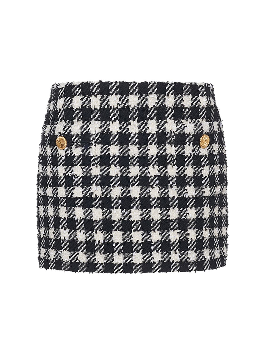 Alessandra Rich Gingham Wool Blend Tweed Mini Skirt In Black,white