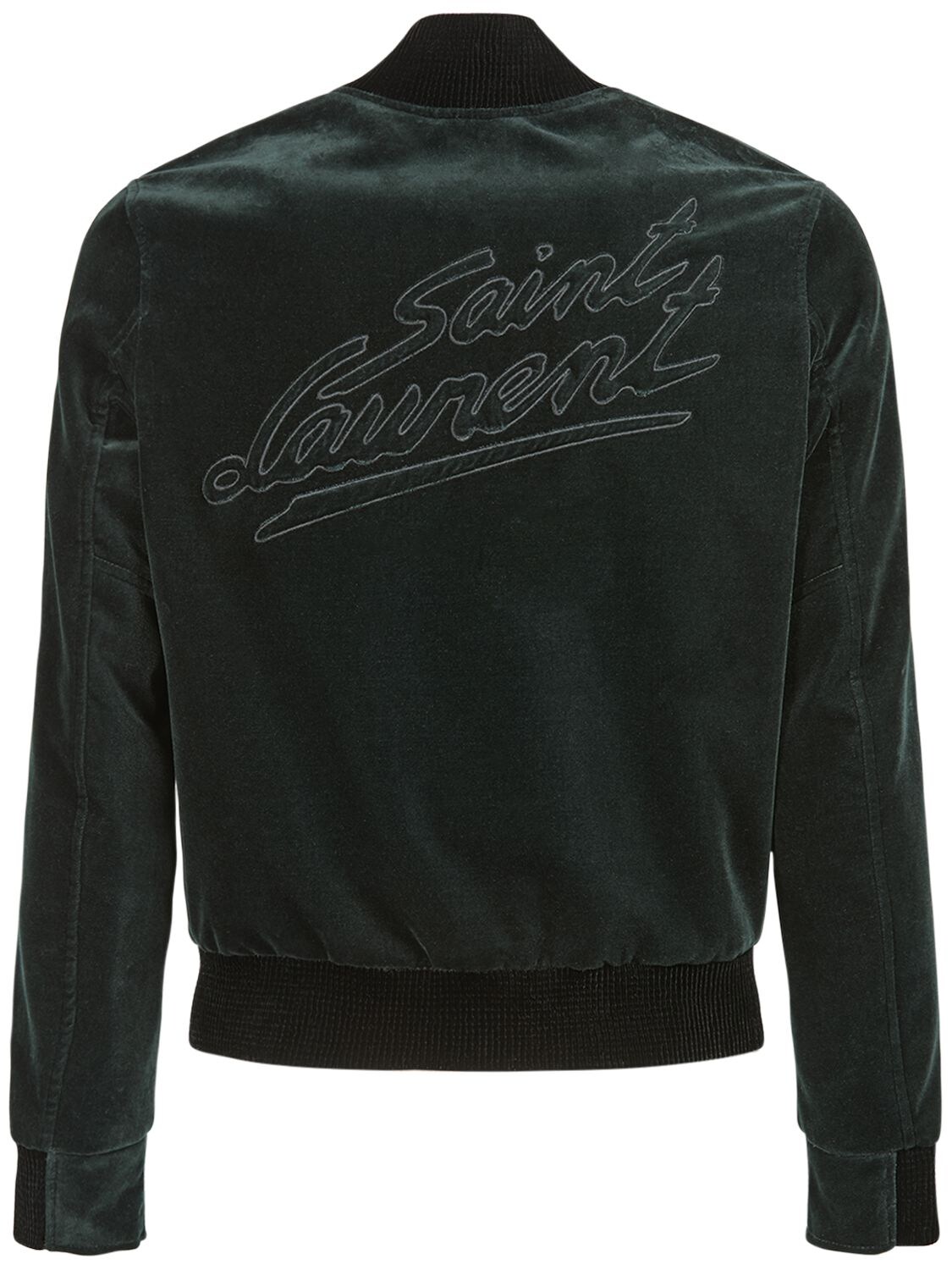 Shop Saint Laurent Logo Cotton Velvet Teddy Jacket In Dark Forest