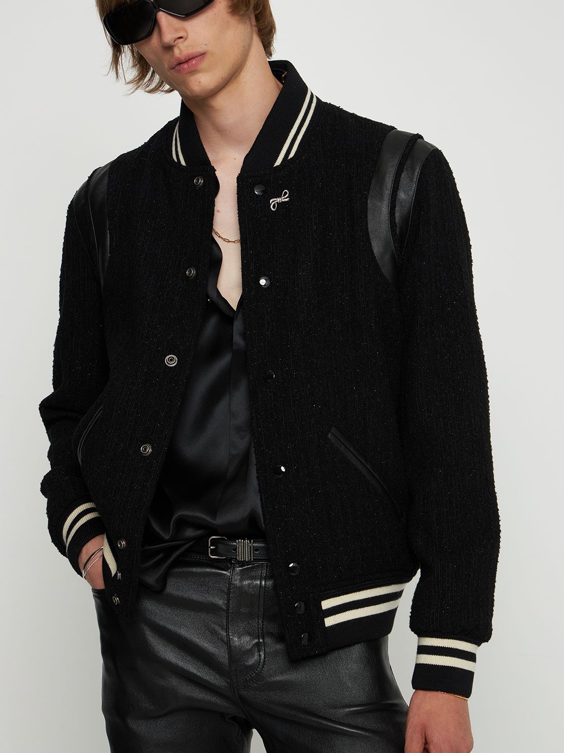 Shop Saint Laurent Teddy Wool Bomber Jacket In Black