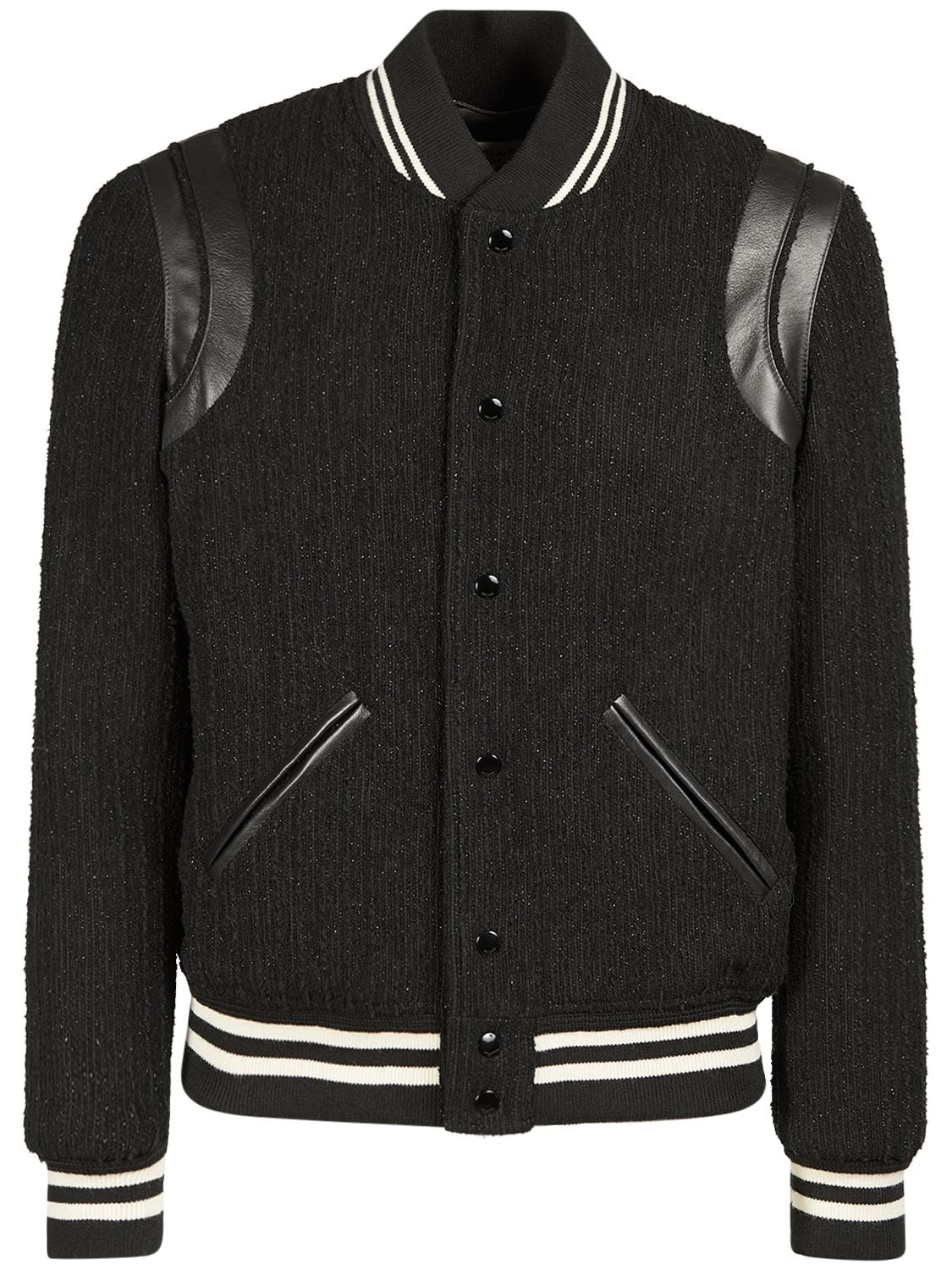Saint Laurent Teddy Leather-trimmed Metallic Virgin Wool-blend Bomber Jacket In Blkcrystal