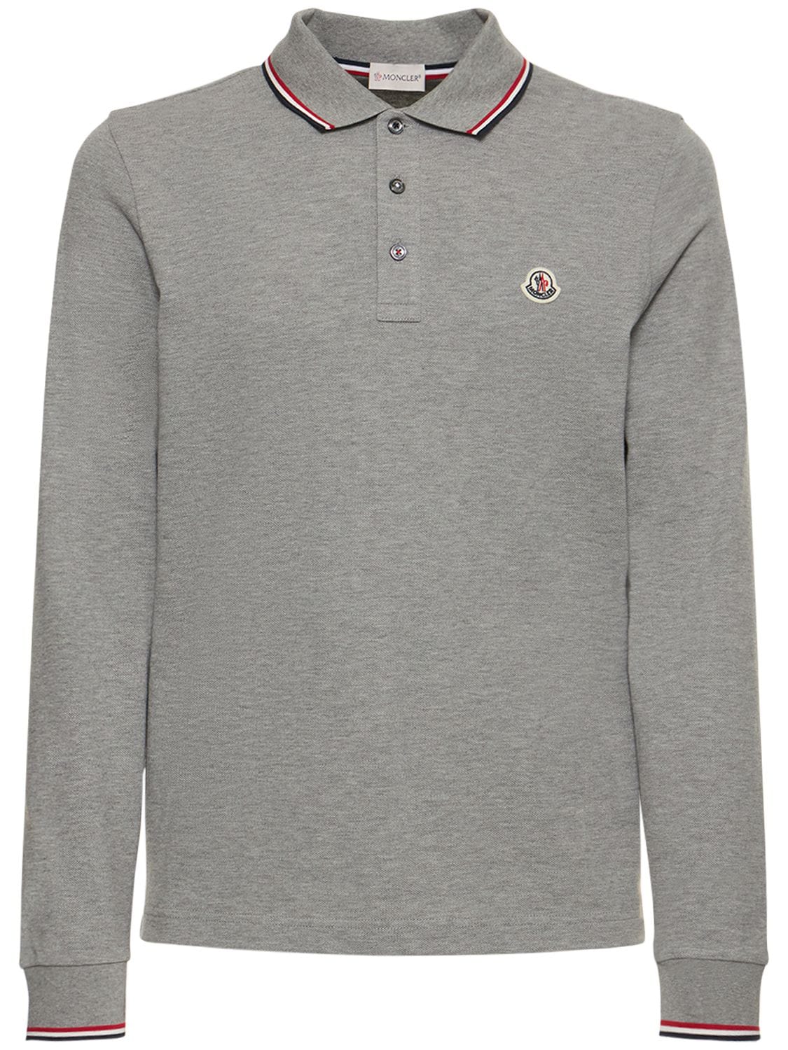 Shop Moncler Long Sleeve Cotton Piquet Polo Shirt In Grey