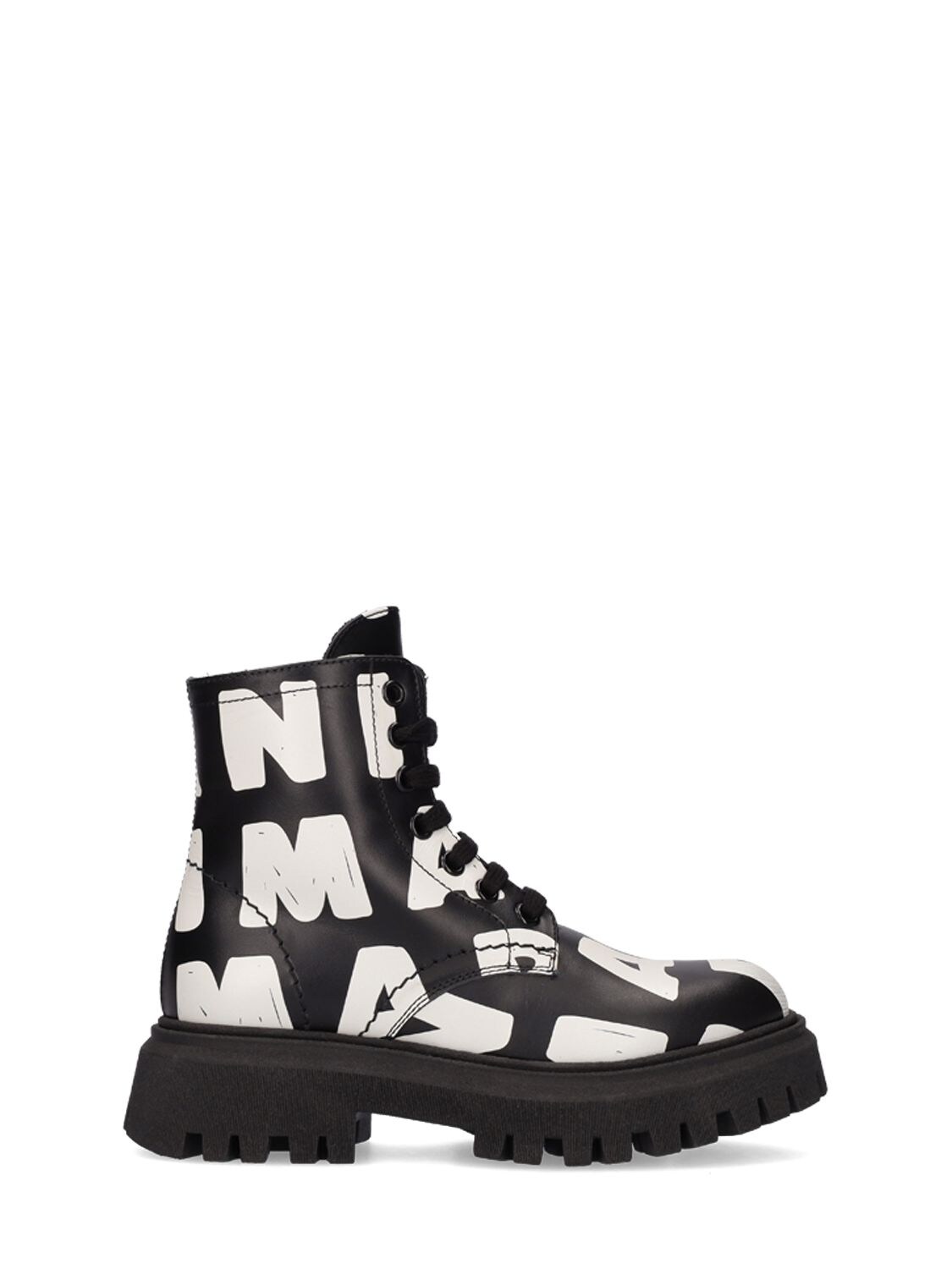 Marni Junior Kids' Logo Print Leather Lace-up Combat Boots In Black,white