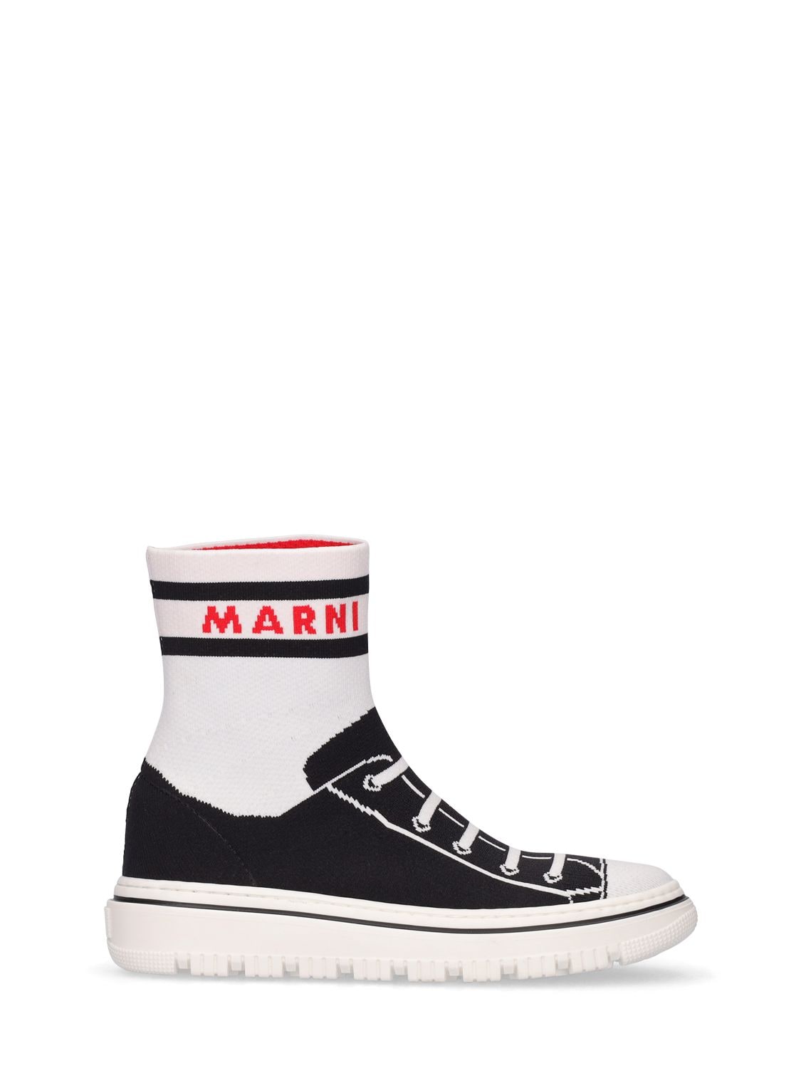 Marni Junior Kids' Logo Print High Top Knit Sock Sneakers In White,black