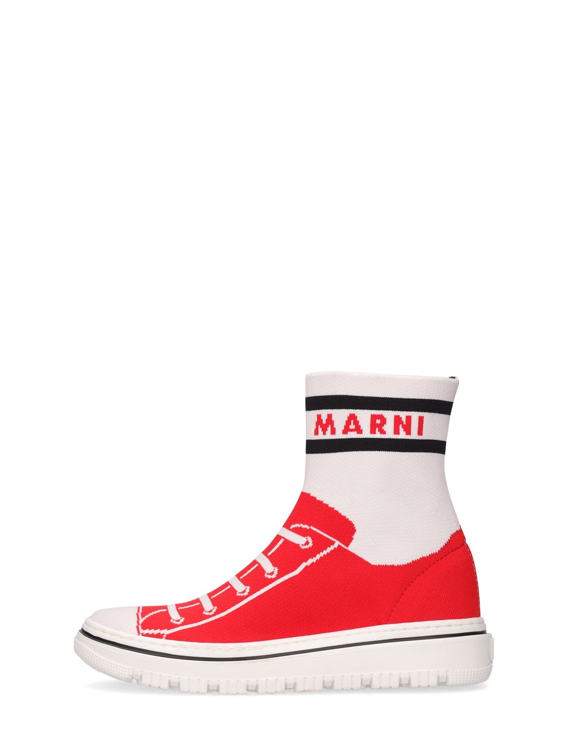 Marni Junior Kids' Logo Print High Top Knit Sock Sneakers In White,red