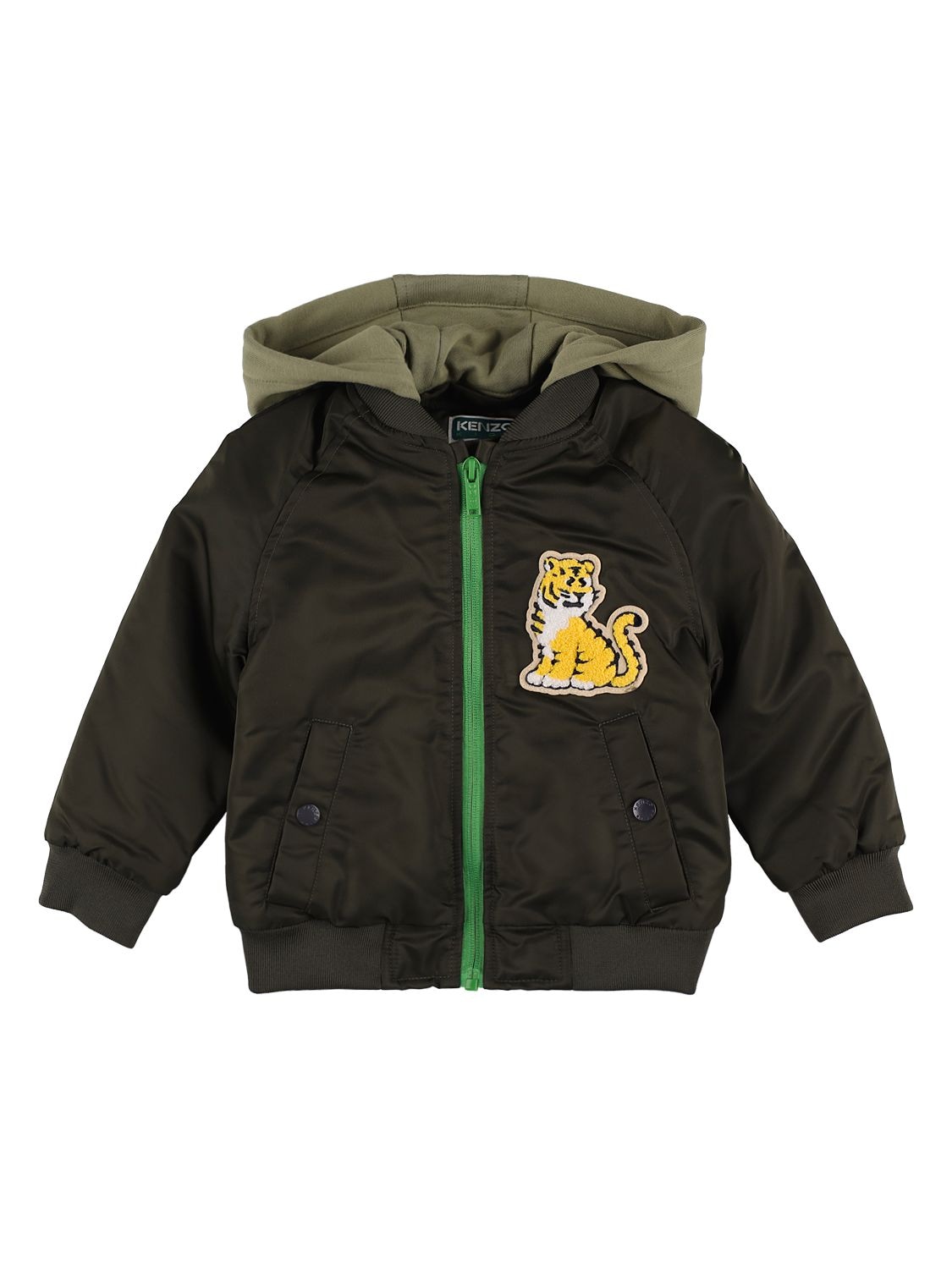Kenzo Kids' Logo Embroidered Nylon Jacket W/ Patch In Forest Green