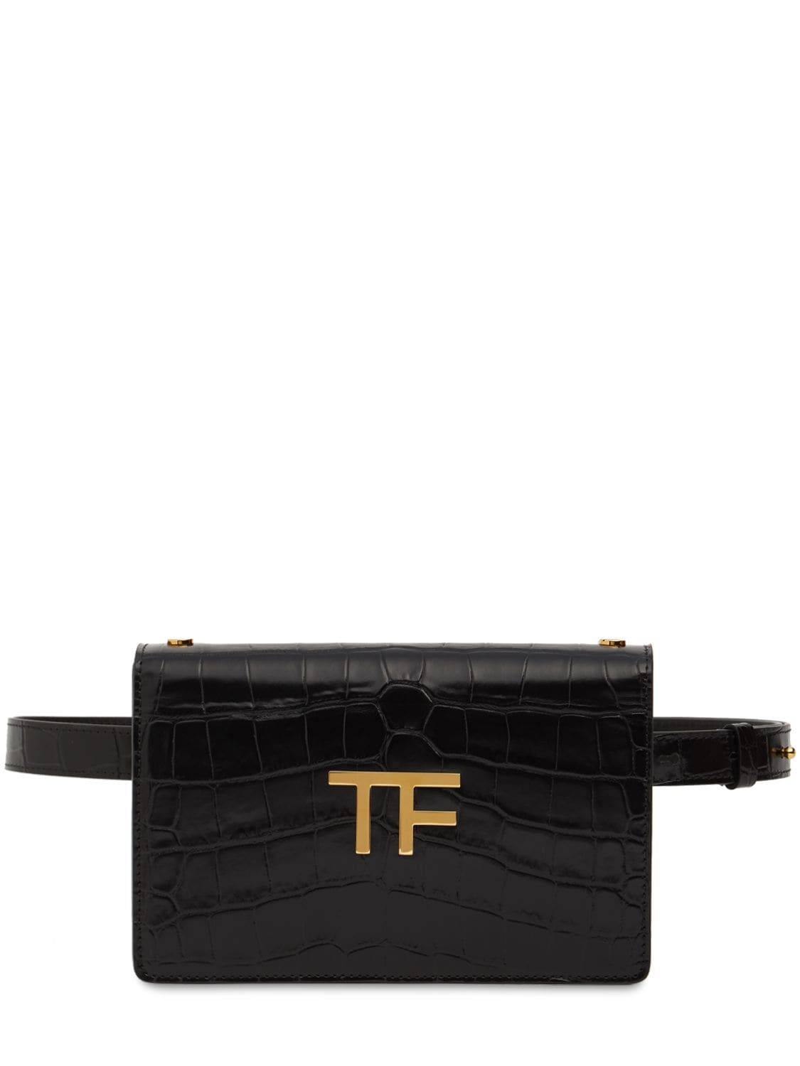 Tom Ford Mini Shiny Croc-embossed Convertible Belt Bag In Black