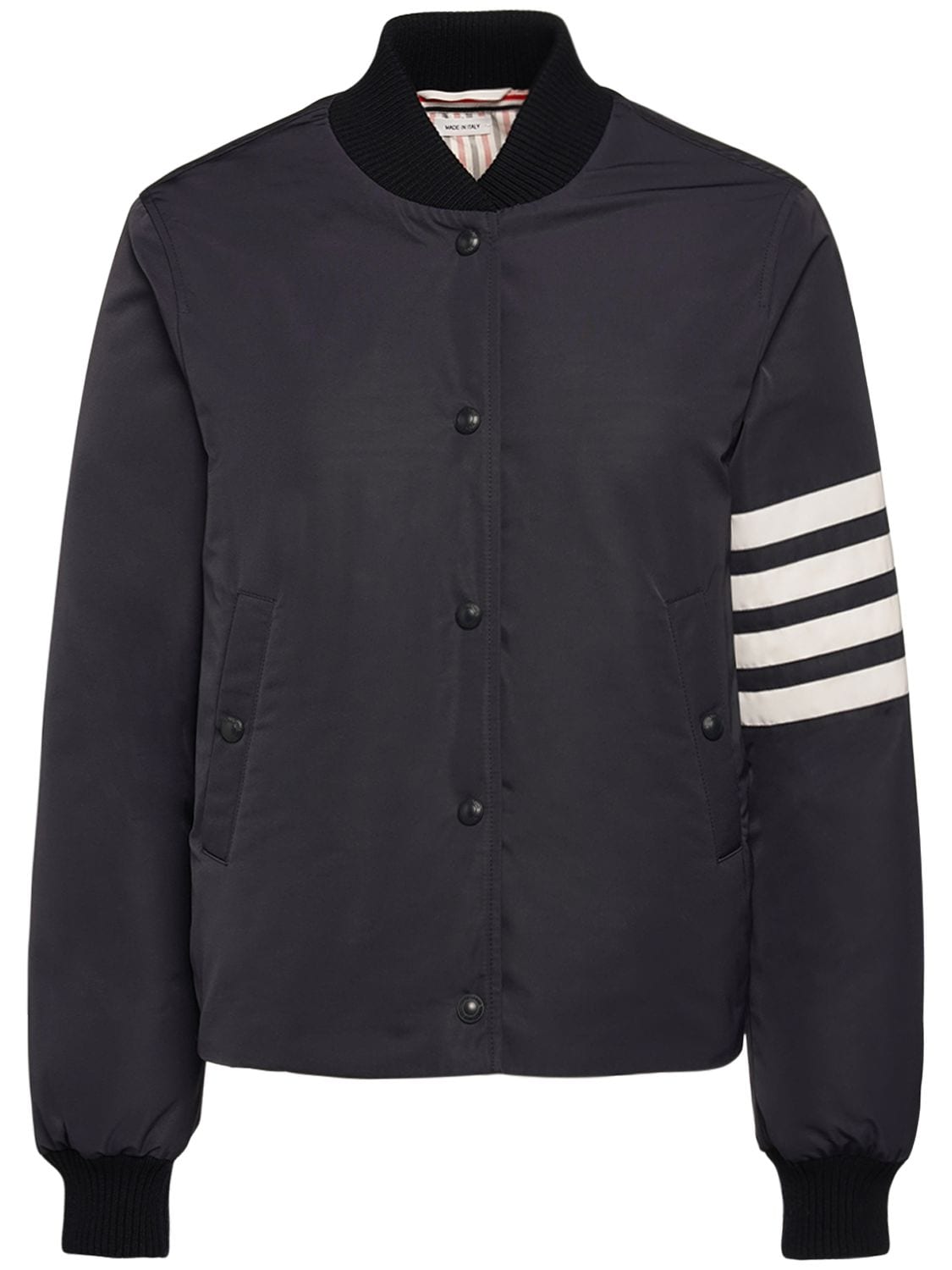 Thom Browne Tech Striped Down Padded Varsity Jacket In Navy