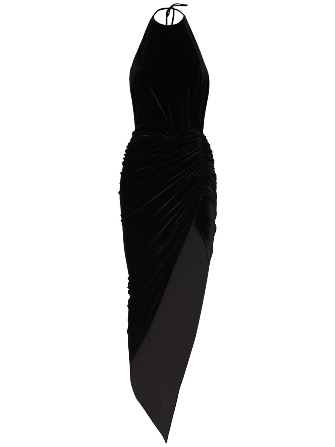 Asymmetric Velvet Midi Halter Dress