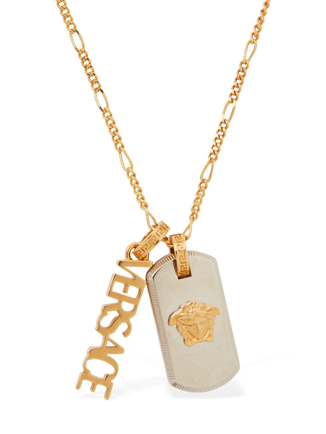 Versace Medusa Tag &  Logo Necklace In Gold,silver
