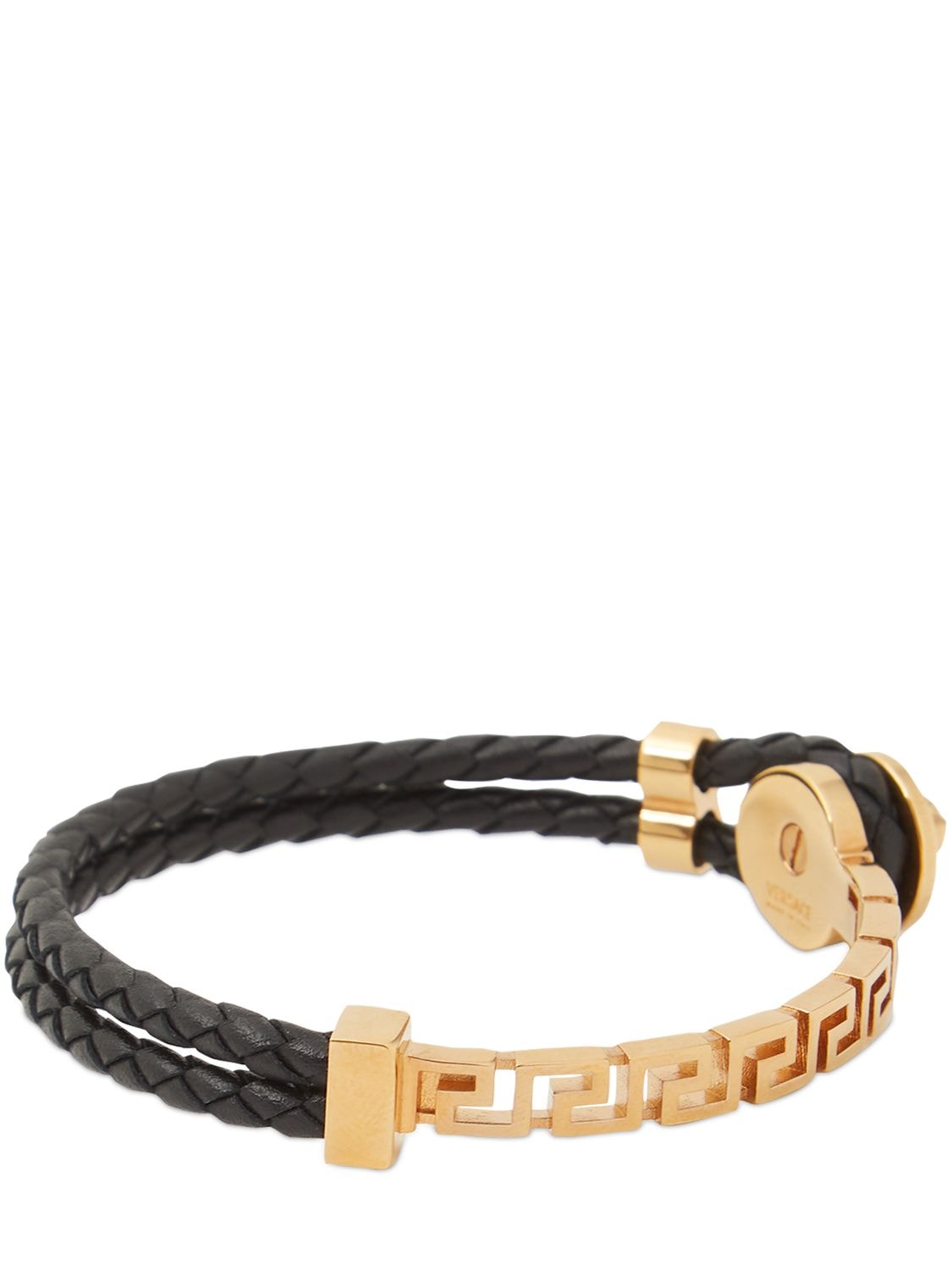 Shop Versace Greek Motif & Leather Bracelet In Black,gold