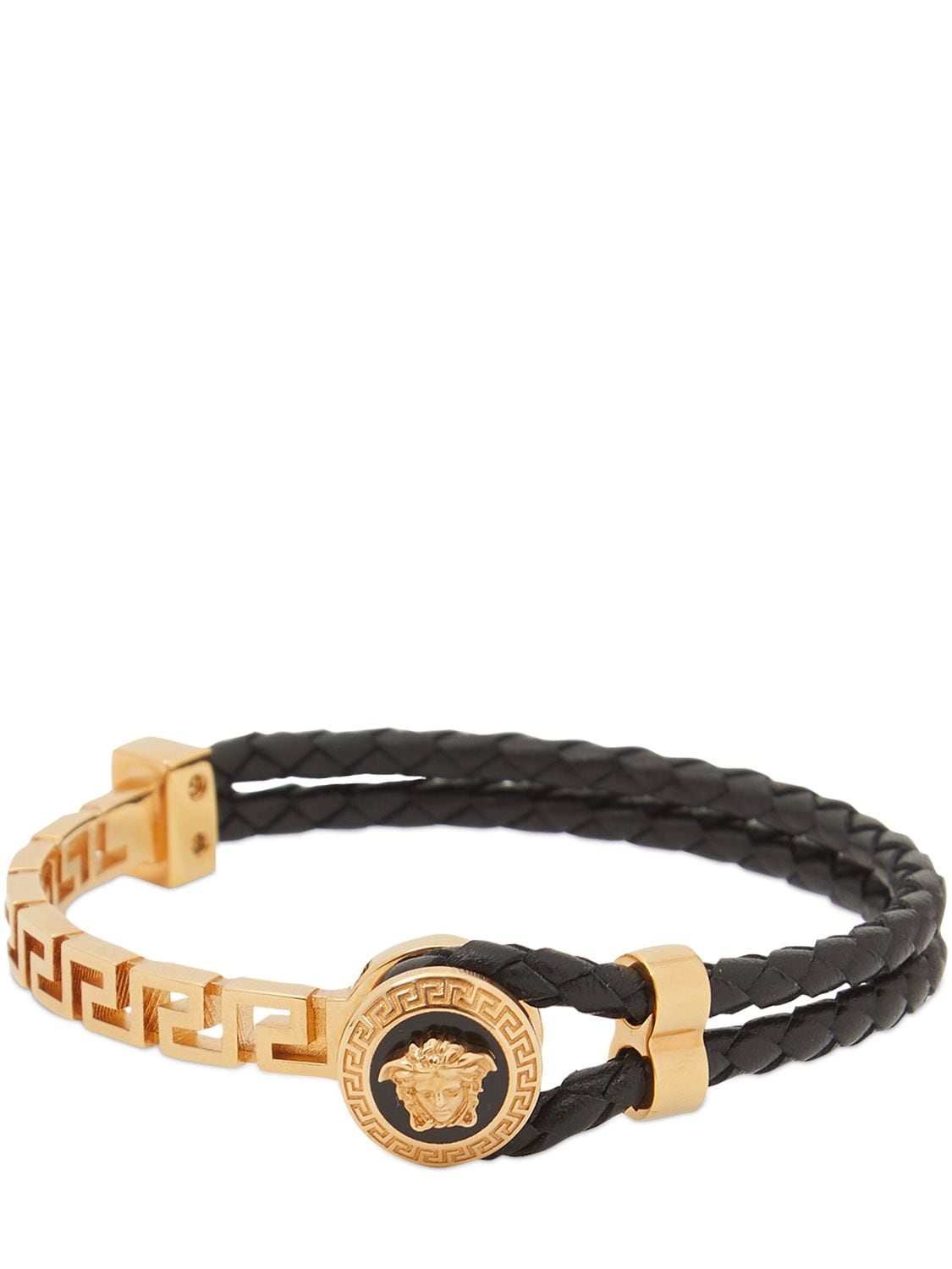 Versace Greek Motif & Leather Bracelet In Black,gold