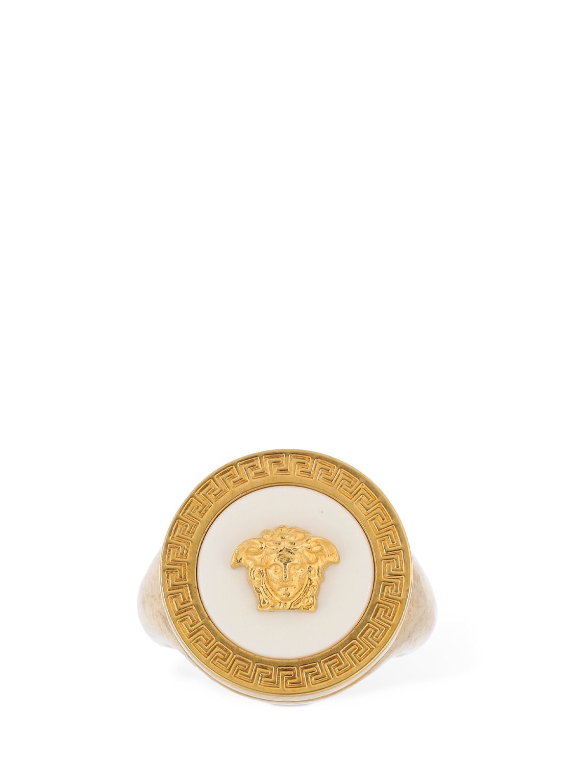 Shop Versace Greek Motif & Medusa Ring In Gold,white