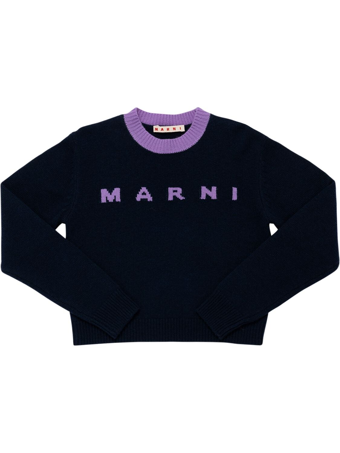 Marni Junior Kids' Wool & Cashmere Knit Sweater W/ Logo In Navy