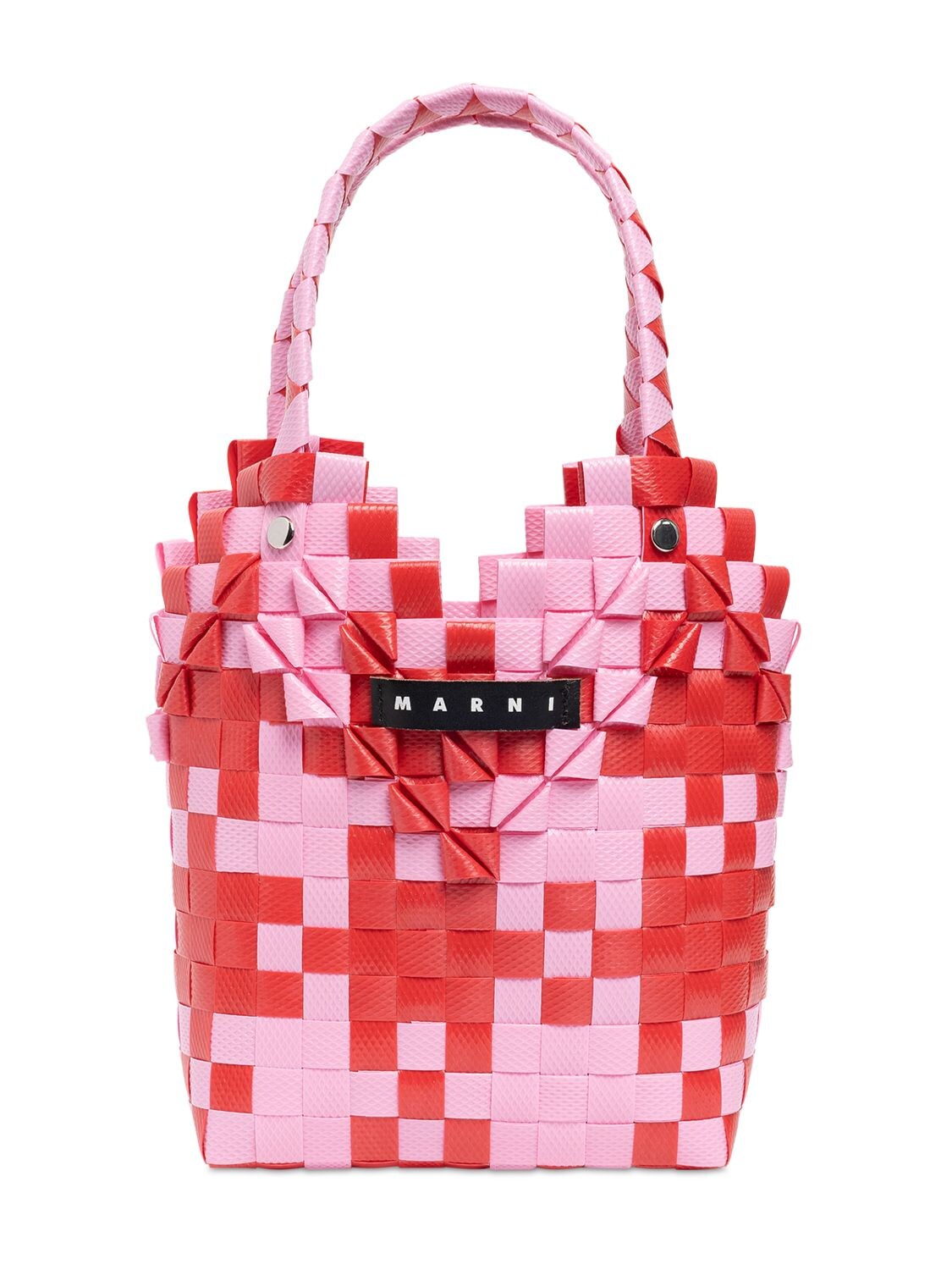 Marni Junior Kids' Heart Top Check Woven Handbag W/ Logo In Pink,red