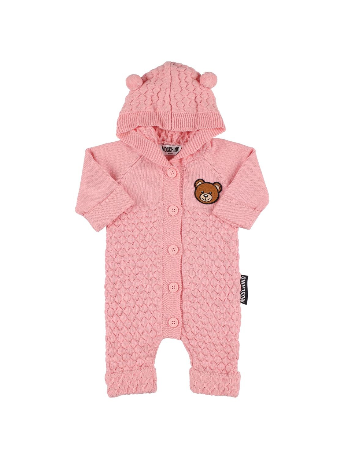 Moschino Babies' Toy Patch Wool & Cotton Knit Romper In Pink