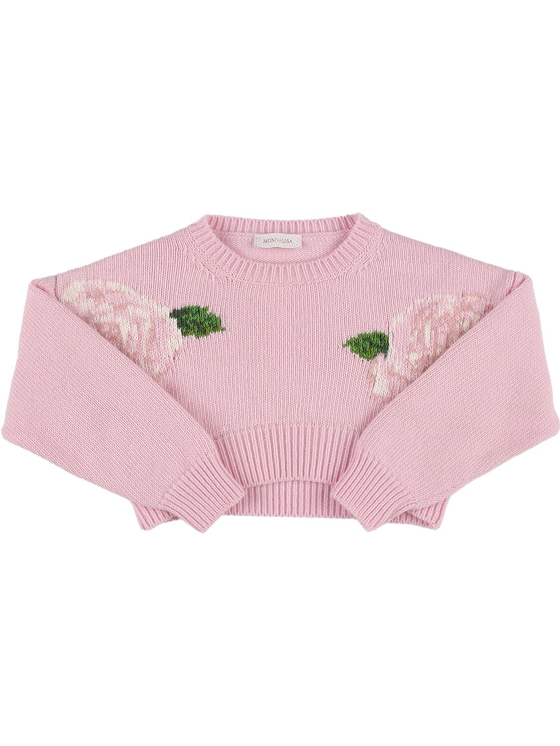 MONNALISA EMBROIDERED ROSES WOOL KNIT SWEATER