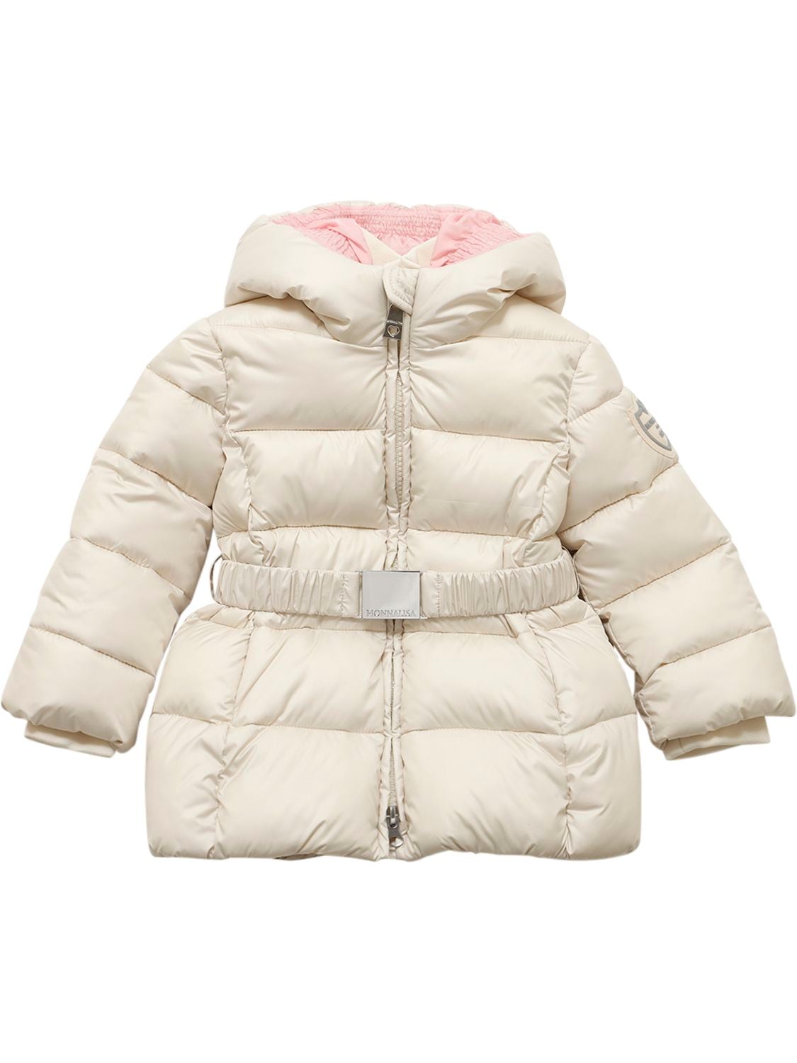 Monnalisa Kids' Hooded Nylon Puffer Jacket W/ Belt In Off White