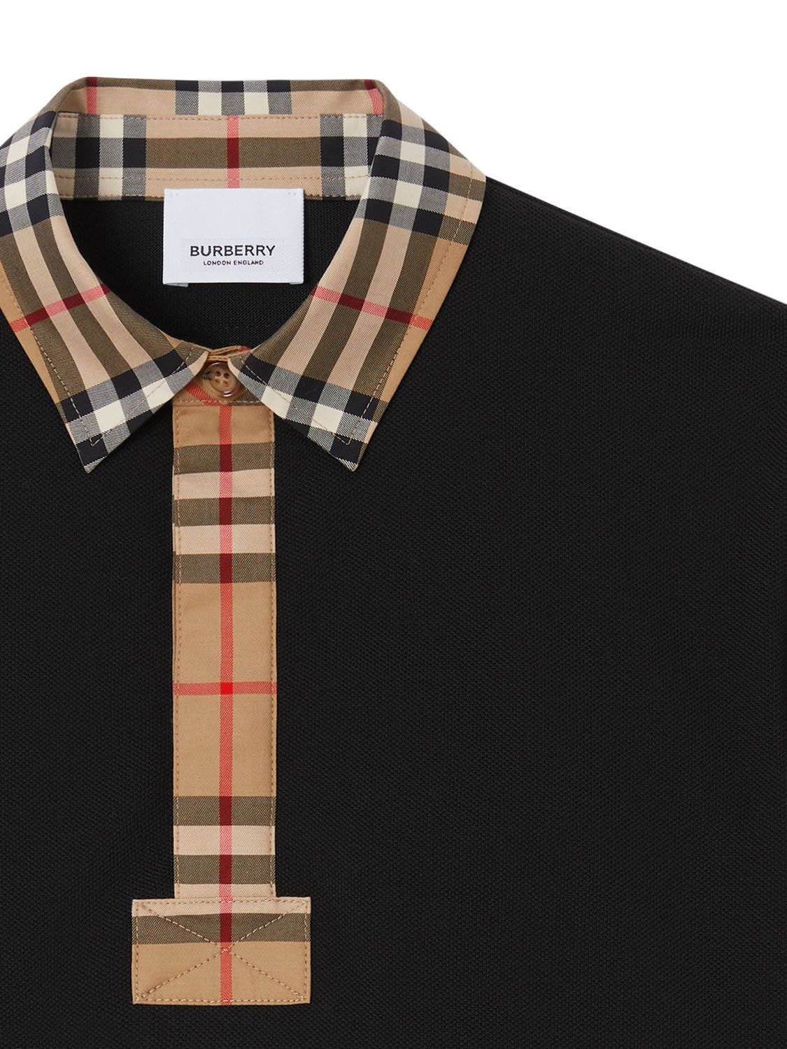 Shop Burberry Cotton Piqué Polo Shirt W/ Check Inserts In Black