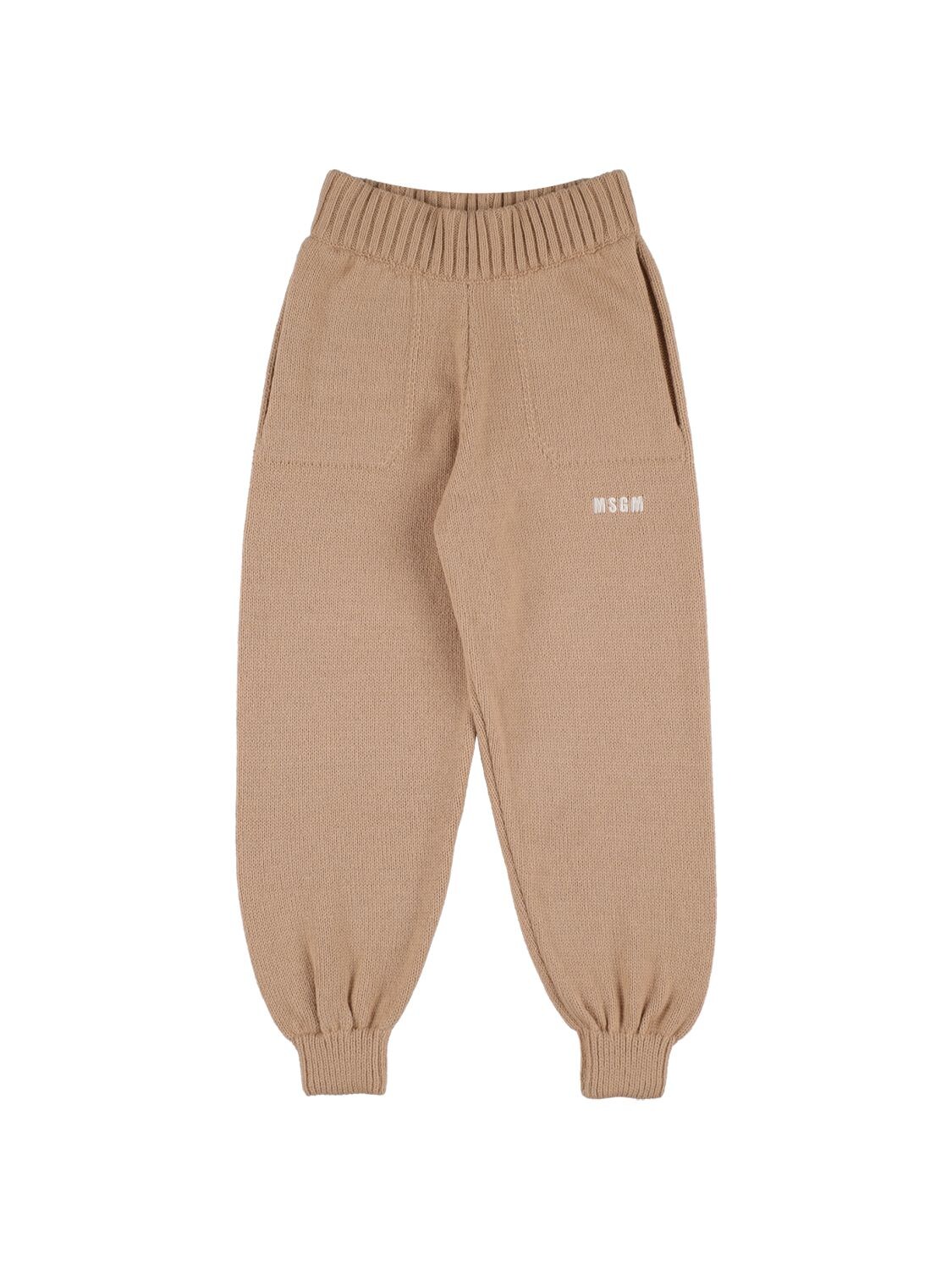 Msgm Kids' Knit Wool Blend Sweatpants W/ Logo In Camel